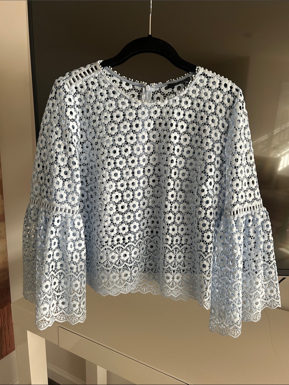 J. Crew Light Blue Lace Eyelet Bell-Sleeve Blouse
